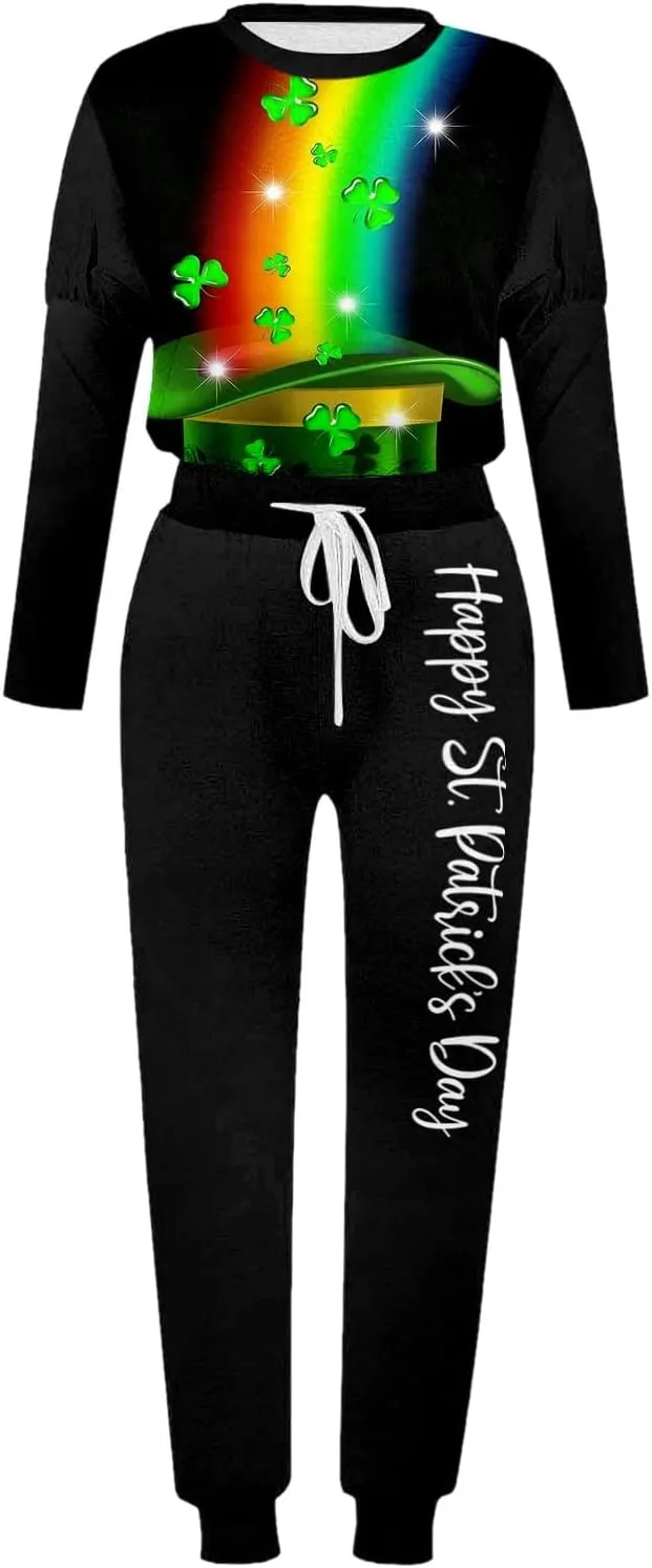 Women Casual Autumn and Winter Fashion Printed Round Neck Long Sleeve Pocket Drawstring Elastic Waist Pants Fuzzy