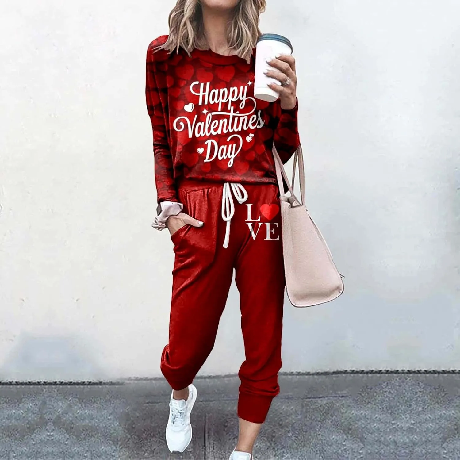 Women Casual Autumn and Winter Fashion Printed Round Neck Long Sleeve Pocket Drawstring Elastic Womens Light Pant