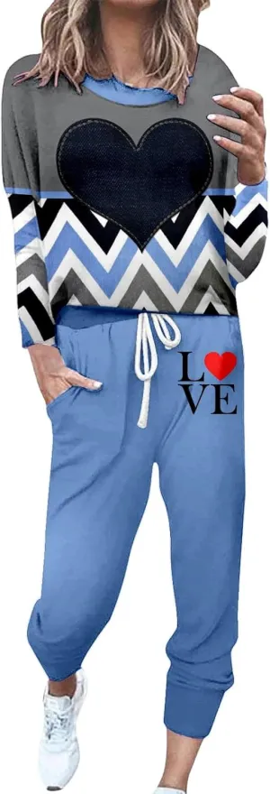Women Casual Autumn and Winter Fashion Printed Round Neck Long Sleeve Pocket Drawstring Elastic Womens Light Pant