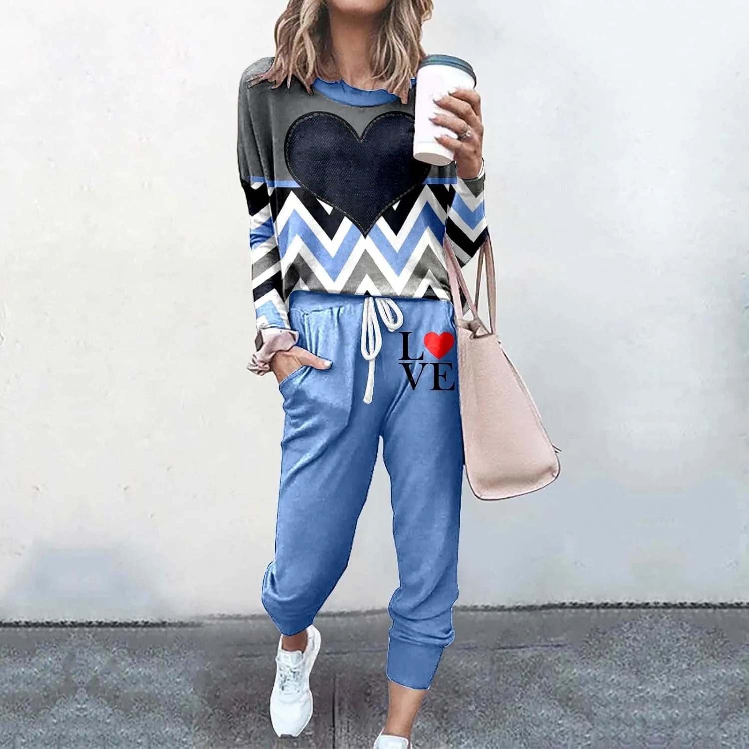 Women Casual Autumn and Winter Fashion Printed Round Neck Long Sleeve Pocket Drawstring Elastic Womens Light Pant
