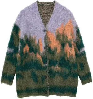 Women Contrast Color Gradient Landscape Paint Printed Fluffy Cardigan Sweater V-Neck Single Breasted Long Sleeve Outcoat