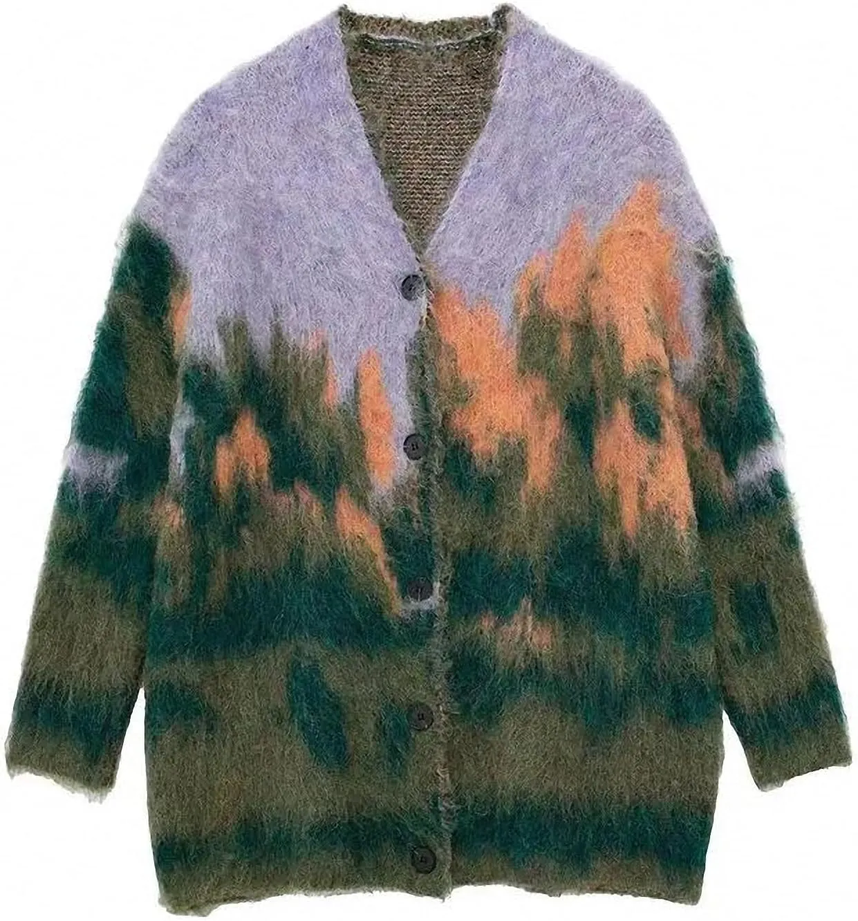 Women Contrast Color Gradient Landscape Paint Printed Fluffy Cardigan Sweater V-Neck Single Breasted Long Sleeve Outcoat