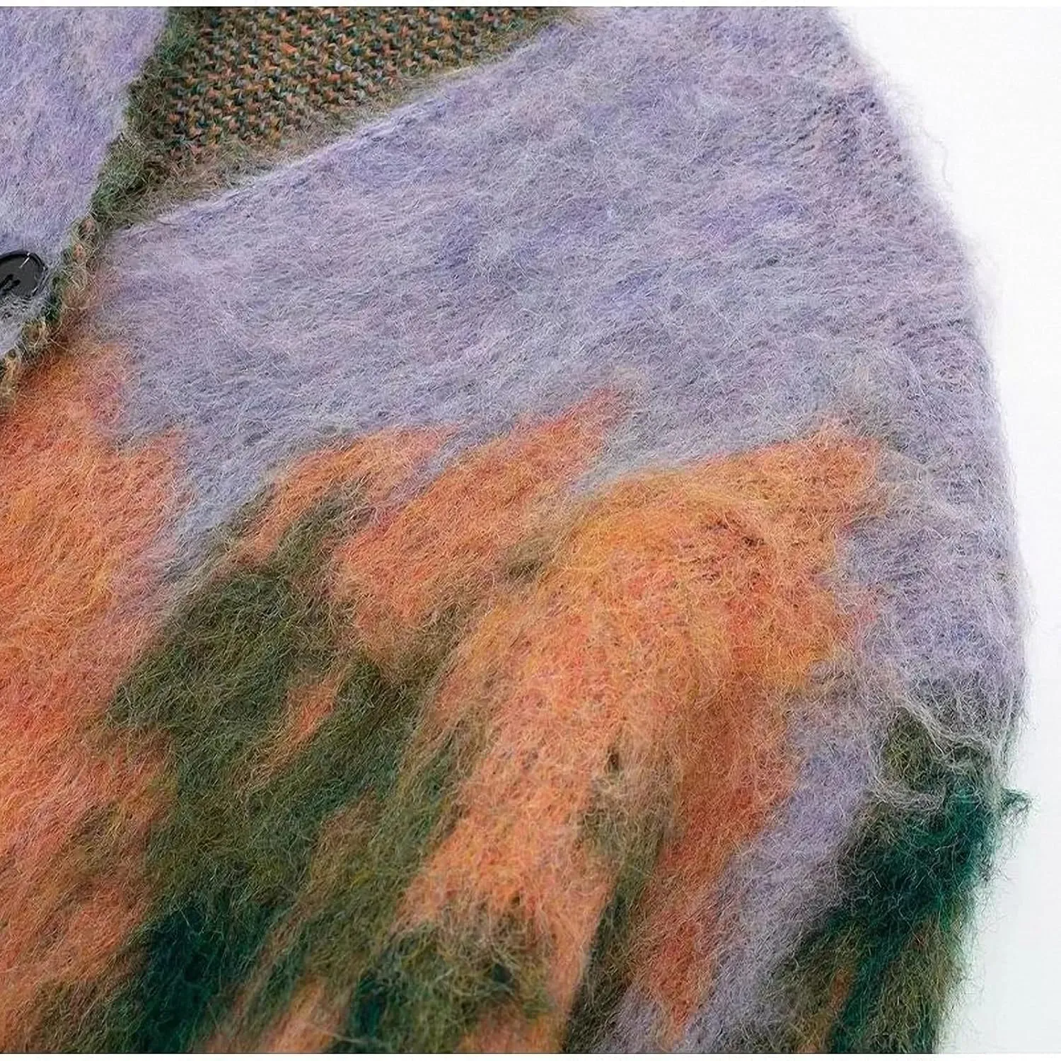 Women Contrast Color Gradient Landscape Paint Printed Fluffy Cardigan Sweater V-Neck Single Breasted Long Sleeve Outcoat