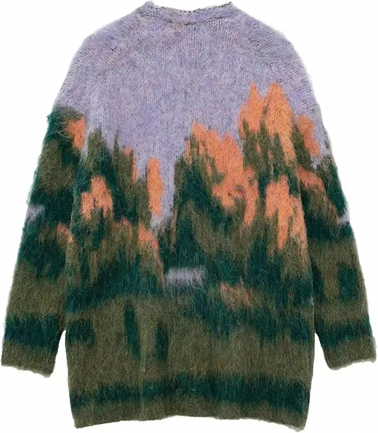 Women Contrast Color Gradient Landscape Paint Printed Fluffy Cardigan Sweater V-Neck Single Breasted Long Sleeve Outcoat