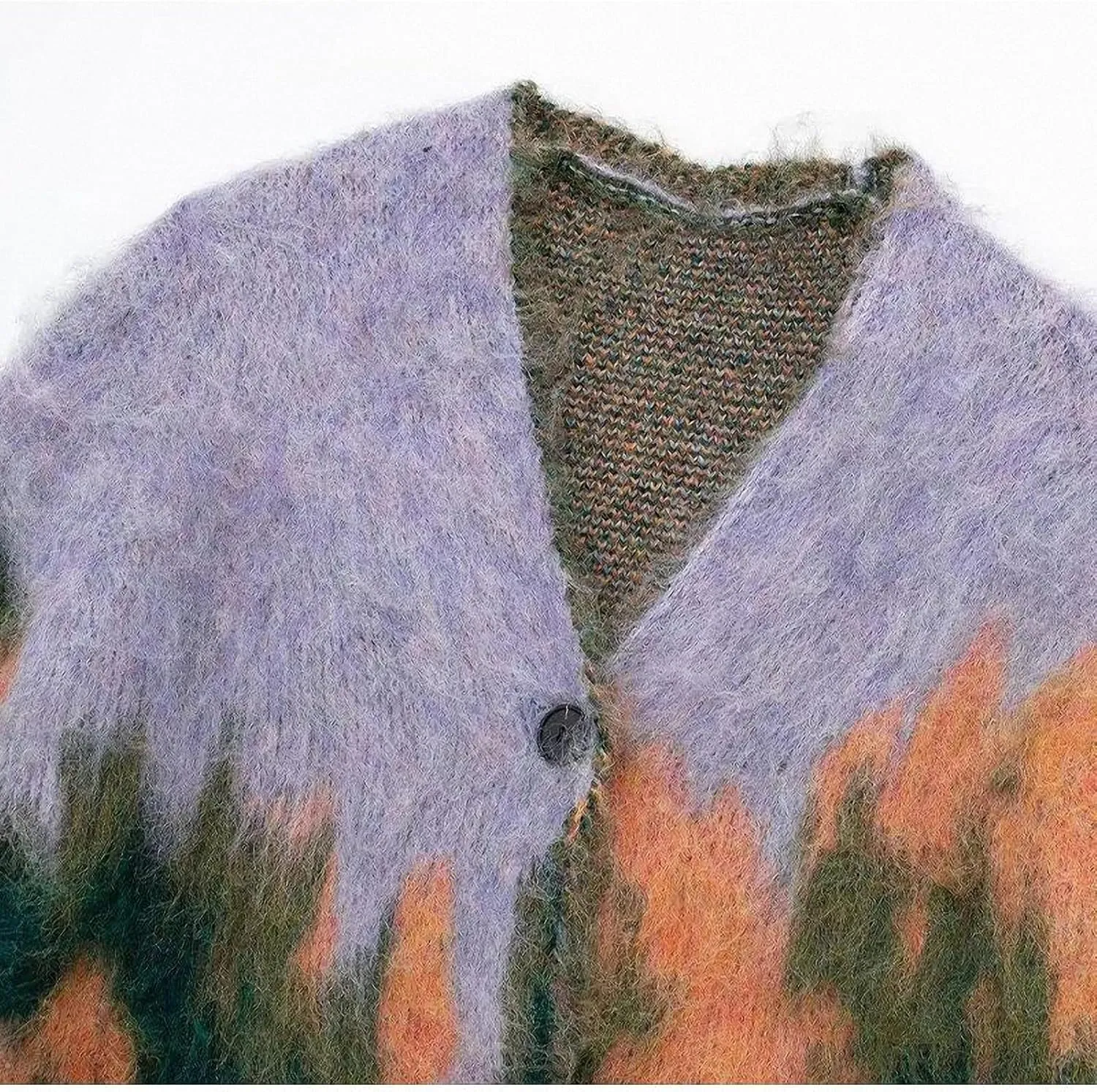 Women Contrast Color Gradient Landscape Paint Printed Fluffy Cardigan Sweater V-Neck Single Breasted Long Sleeve Outcoat