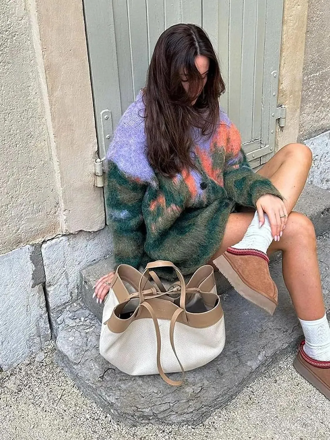 Women Contrast Color Gradient Landscape Paint Printed Fluffy Cardigan Sweater V-Neck Single Breasted Long Sleeve Outcoat