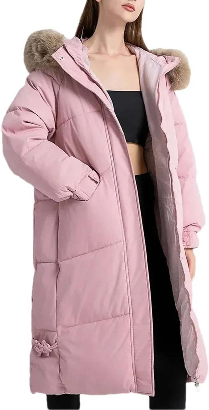 Women Long Casual Plush Hooded Parka Coat Vintage Thick Mid-Length Cotton-Padded Jacket