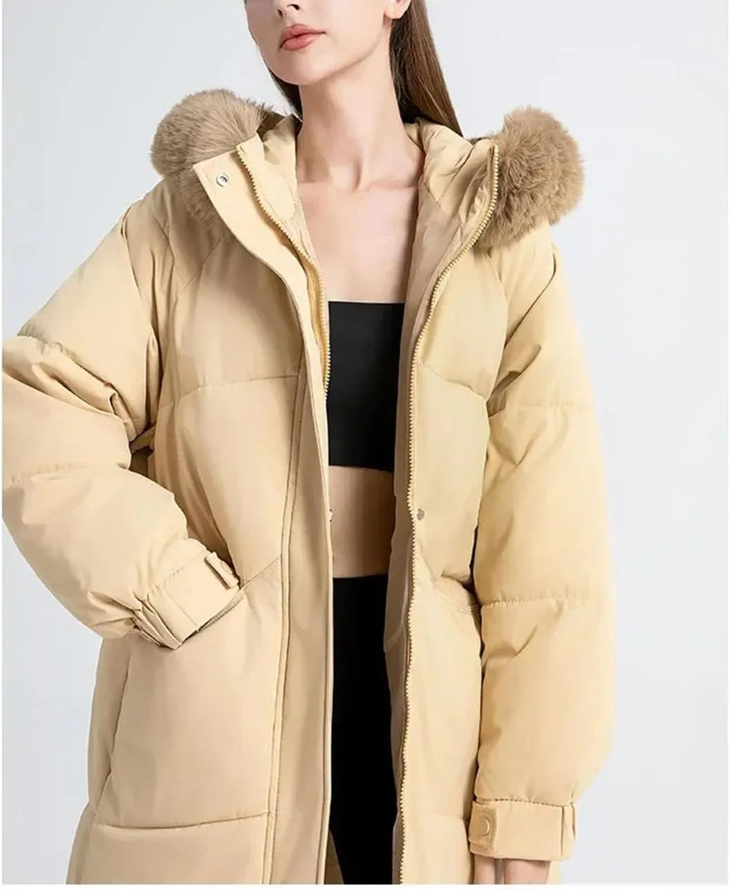 Women Long Casual Plush Hooded Parka Coat Vintage Thick Mid-Length Cotton-Padded Jacket