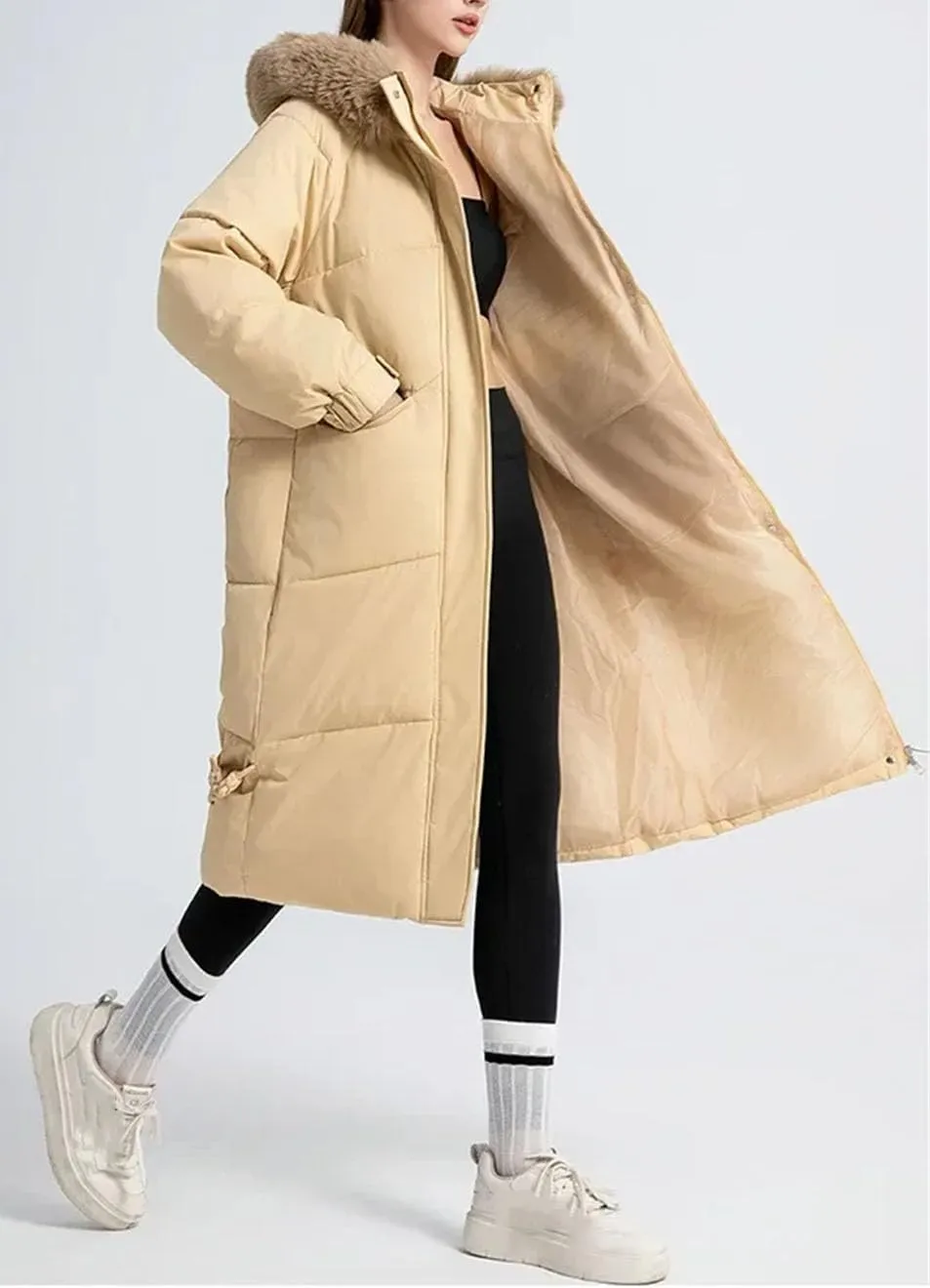 Women Long Casual Plush Hooded Parka Coat Vintage Thick Mid-Length Cotton-Padded Jacket
