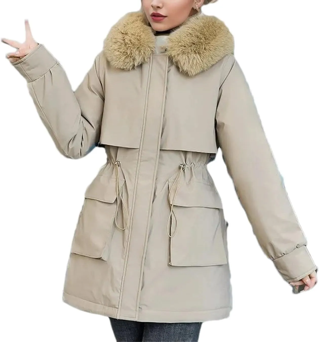 Women Plush Hooded Cotton-Padded Jacket Casual Mid-Long Thick Button Zipper Parka Coat