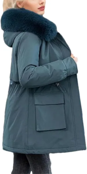 Women Plush Hooded Cotton-Padded Jacket Casual Mid-Long Thick Button Zipper Parka Coat