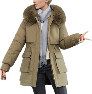 Women Plush Hooded Cotton-Padded Jacket Casual Mid-Long Thick Button Zipper Parka Coat