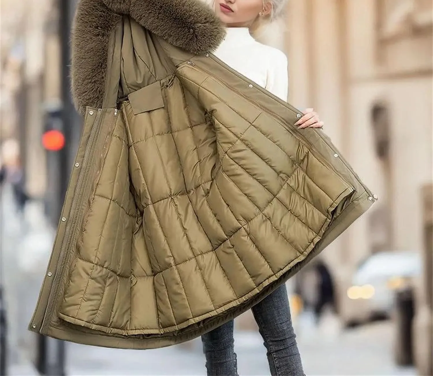Women Plush Hooded Cotton-Padded Jacket Casual Mid-Long Thick Button Zipper Parka Coat