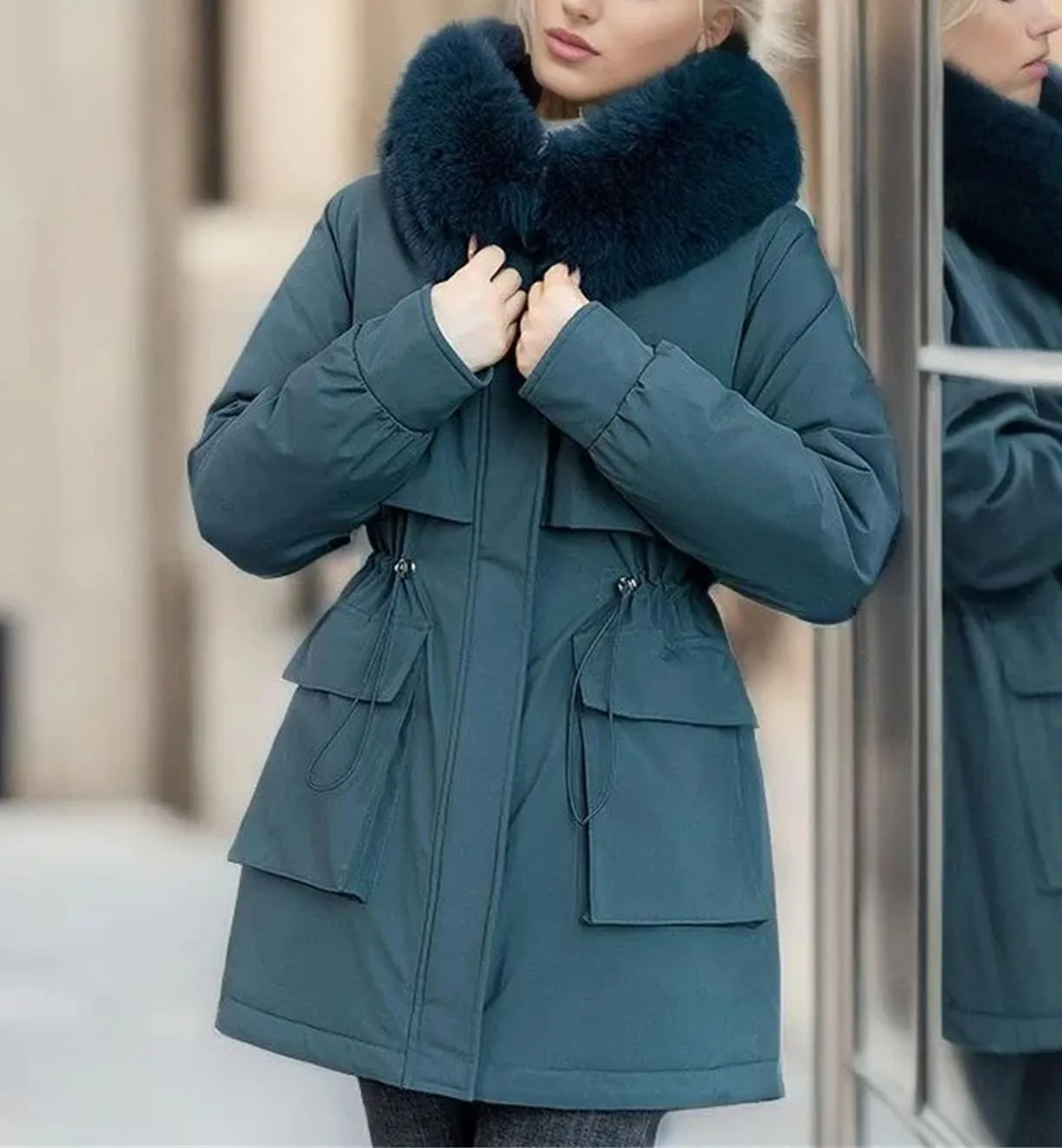Women Plush Hooded Cotton-Padded Jacket Casual Mid-Long Thick Button Zipper Parka Coat
