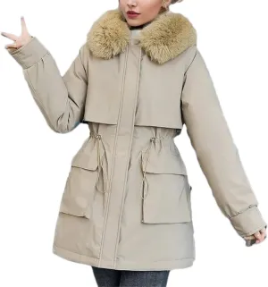 Women Plush Hooded Cotton-Padded Jacket Casual Mid-Long Thick Button Zipper Parka Coat