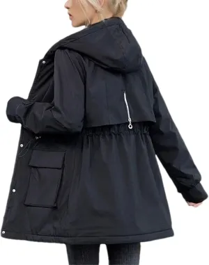 Women Plush Hooded Cotton-Padded Jacket Casual Mid-Long Thick Button Zipper Parka Coat
