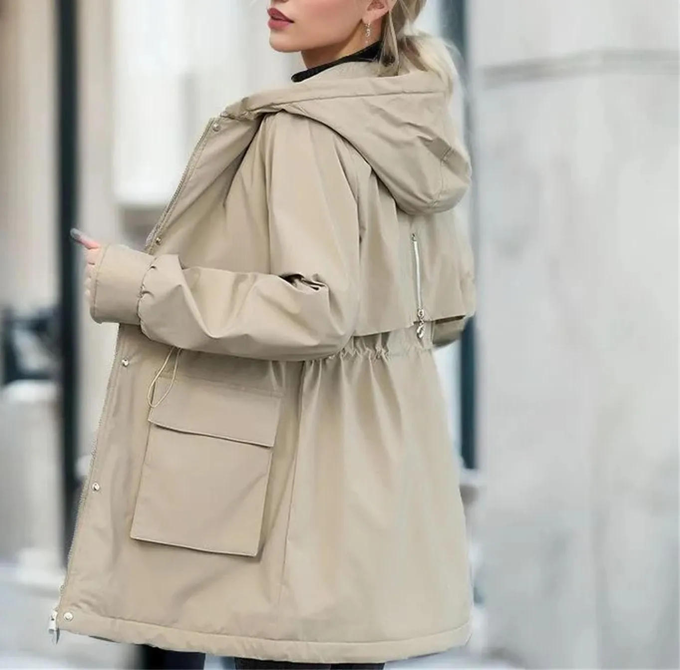 Women Plush Hooded Cotton-Padded Jacket Casual Mid-Long Thick Button Zipper Parka Coat