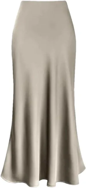 Women Silk Satin Skirts Solid Color High Waist A-Line Skirt Office Lady Casual Work Pencil Skirt