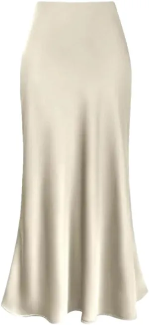 Women Silk Satin Skirts Solid Color High Waist A-Line Skirt Office Lady Casual Work Pencil Skirt