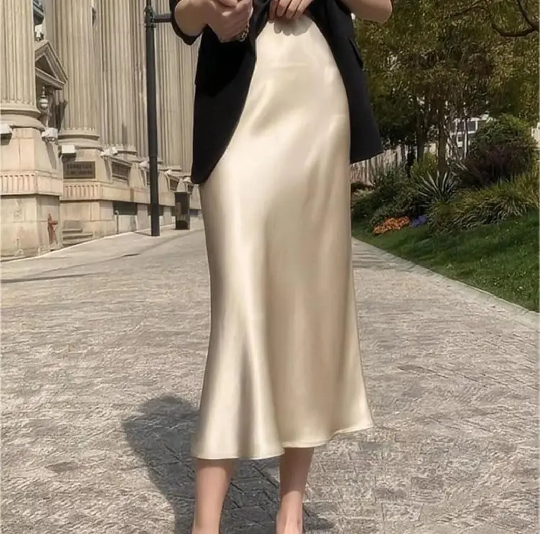 Women Silk Satin Skirts Solid Color High Waist A-Line Skirt Office Lady Casual Work Pencil Skirt