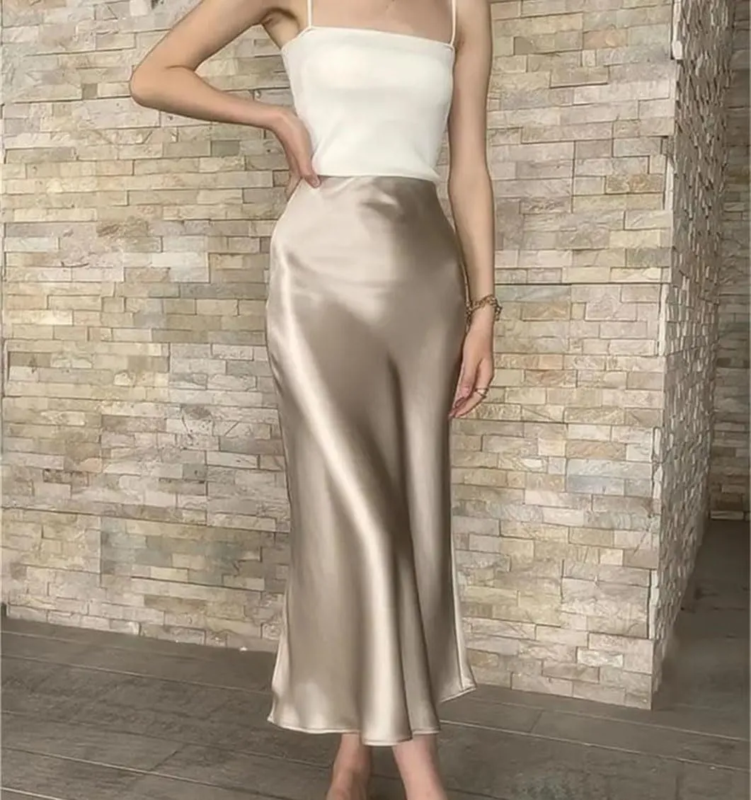 Women Silk Satin Skirts Solid Color High Waist A-Line Skirt Office Lady Casual Work Pencil Skirt
