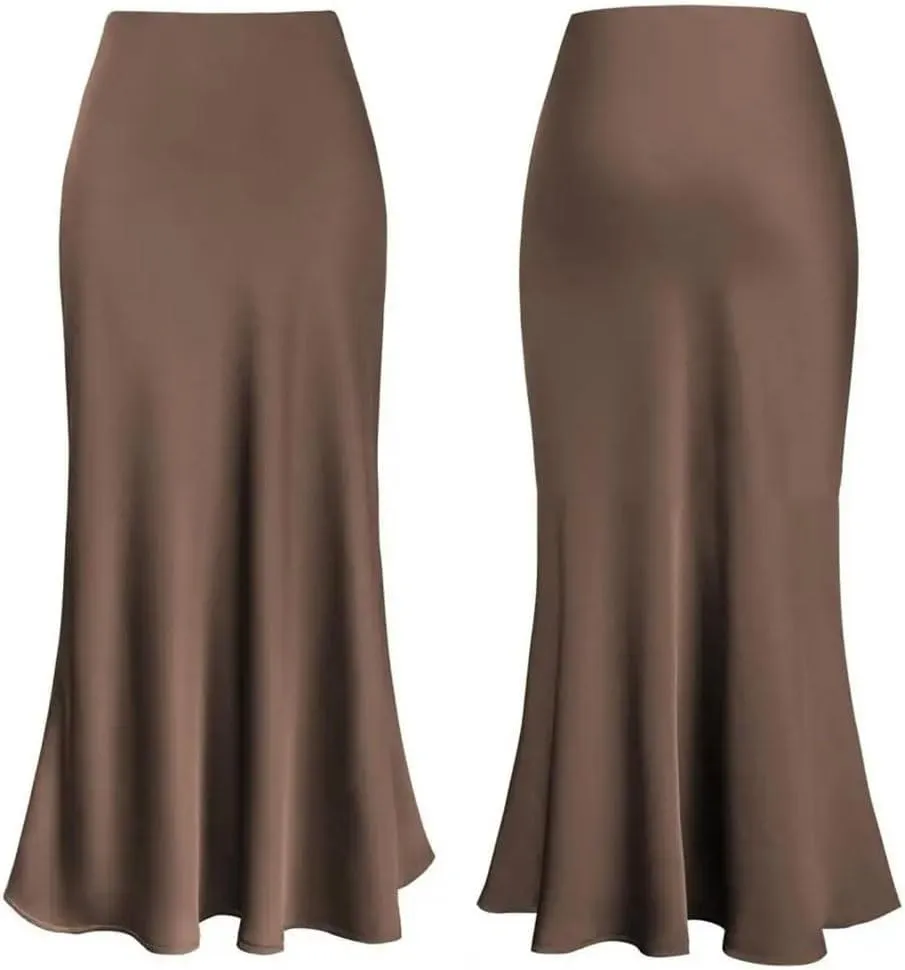 Women Silk Satin Skirts Solid Color High Waist A-Line Skirt Office Lady Casual Work Pencil Skirt