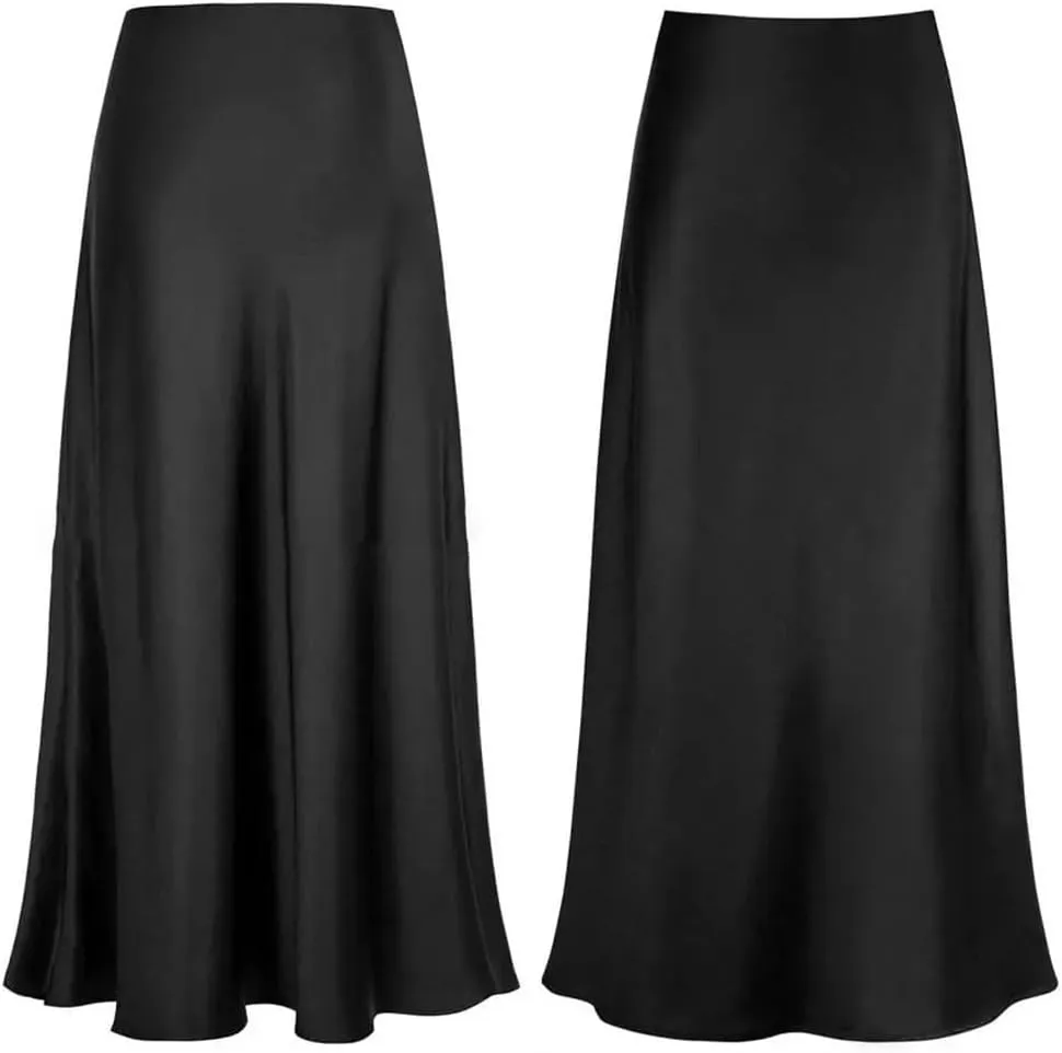 Women Silk Satin Skirts Solid Color High Waist A-Line Skirt Office Lady Casual Work Pencil Skirt