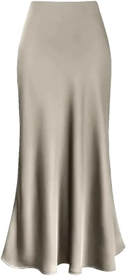 Women Silk Satin Skirts Solid Color High Waist A-Line Skirt Office Lady Casual Work Pencil Skirt