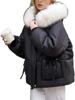 Women's Bowknot Pocket Zipper Parkas Coats Vintage Plush Hooded Cotton-Padded Jacket