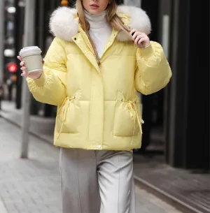 Women's Bowknot Pocket Zipper Parkas Coats Vintage Plush Hooded Cotton-Padded Jacket