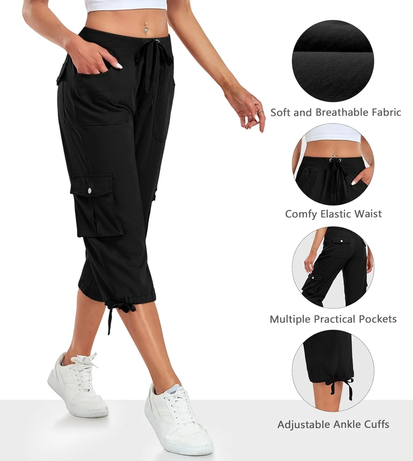 Women's Cargo Capris Pants Lightweight Quick Dry Hiking Pants Baggy Casual Outdoor Travel Cute Pants with 6 Pockets