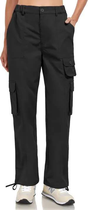 Women's Cargo Work Pants Elastic Waist Straight Leg Casual Travel Hiking Pants Loose Cotton Military Pants 7 Pockets