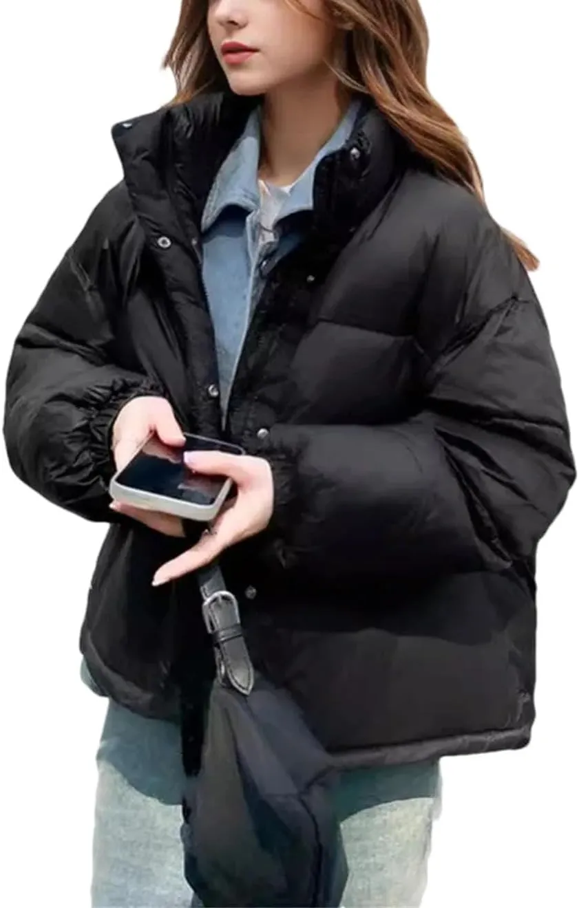 Women's Contrast Zipper Parkas Coat Vintage High Collar Pockets Cotton-Padded Jacket