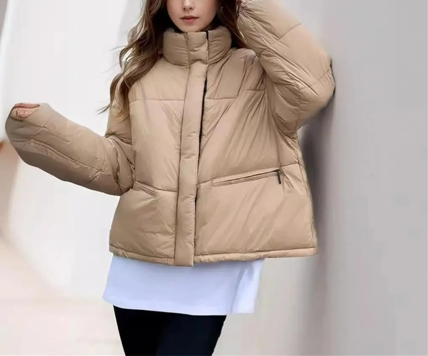 Women's Contrast Zipper Parkas Coat Vintage High Collar Pockets Cotton-Padded Jacket