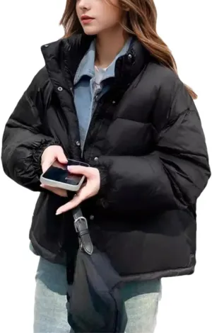 Women's Contrast Zipper Parkas Coat Vintage High Collar Pockets Cotton-Padded Jacket