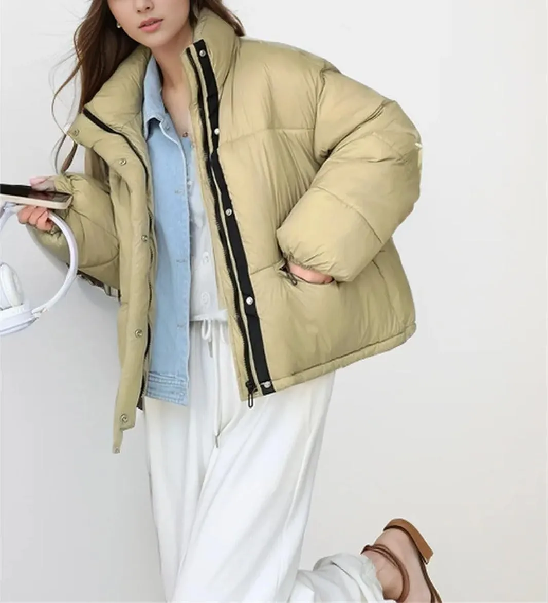 Women's Contrast Zipper Parkas Coat Vintage High Collar Pockets Cotton-Padded Jacket