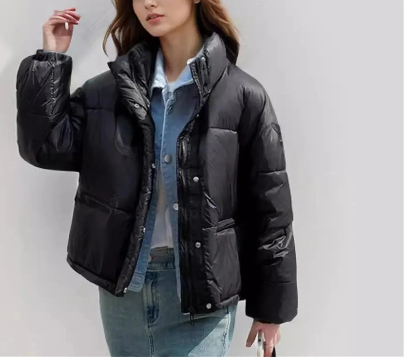 Women's Contrast Zipper Parkas Coat Vintage High Collar Pockets Cotton-Padded Jacket