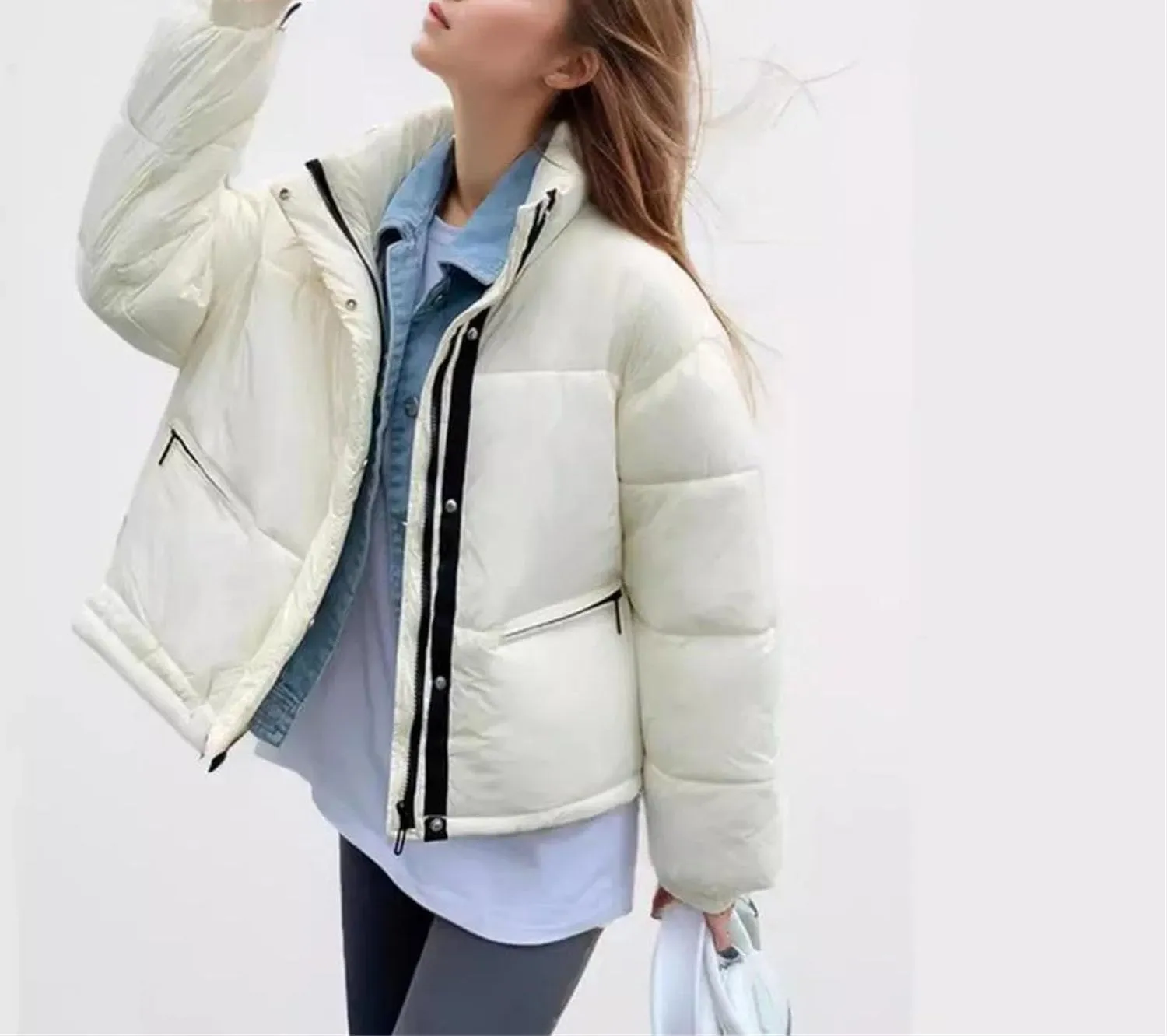 Women's Contrast Zipper Parkas Coat Vintage High Collar Pockets Cotton-Padded Jacket