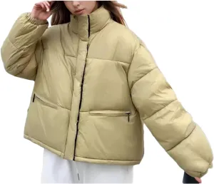 Women's Contrast Zipper Parkas Coat Vintage High Collar Pockets Cotton-Padded Jacket