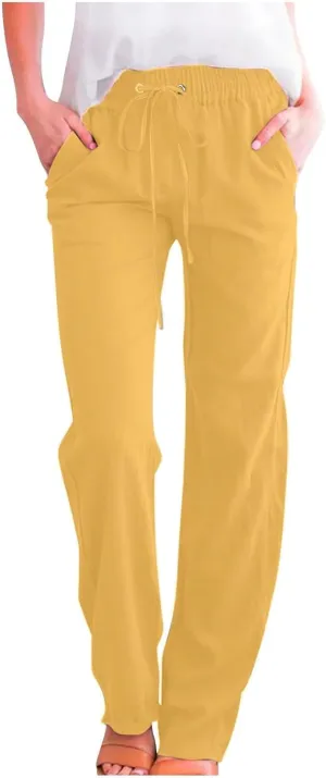 Women's Cotton Linen Pants 2025 Summer Elastic Waist Straight Leg Relax Comfy Solid Color Casual Lounge Long Trouser