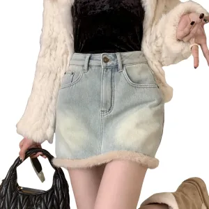 Womens Denim Skirt Plush and Thickened Distressed High Waisted Slim Fit Short Skirts Jean Skirts with Pocket