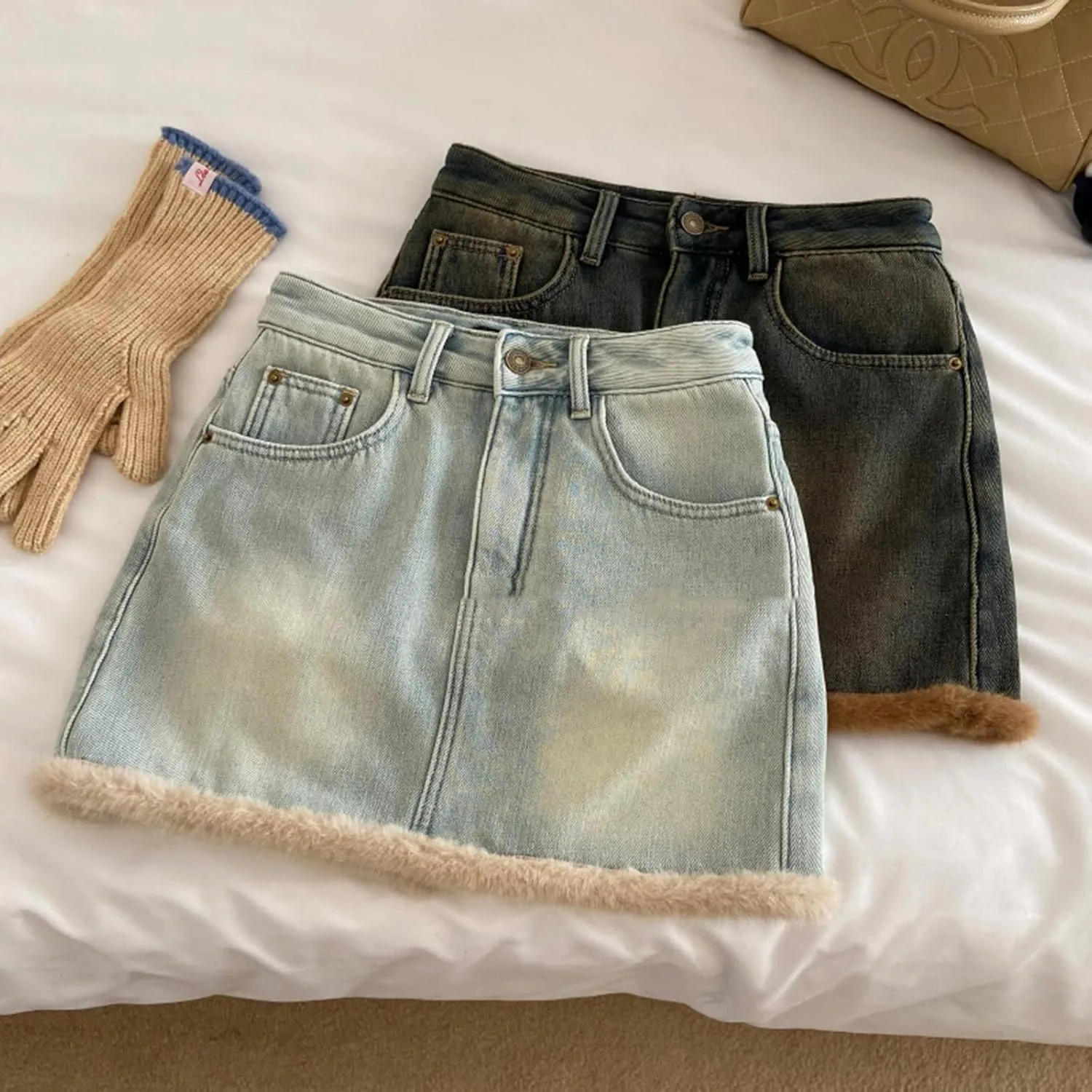 Womens Denim Skirt Plush and Thickened Distressed High Waisted Slim Fit Short Skirts Jean Skirts with Pocket