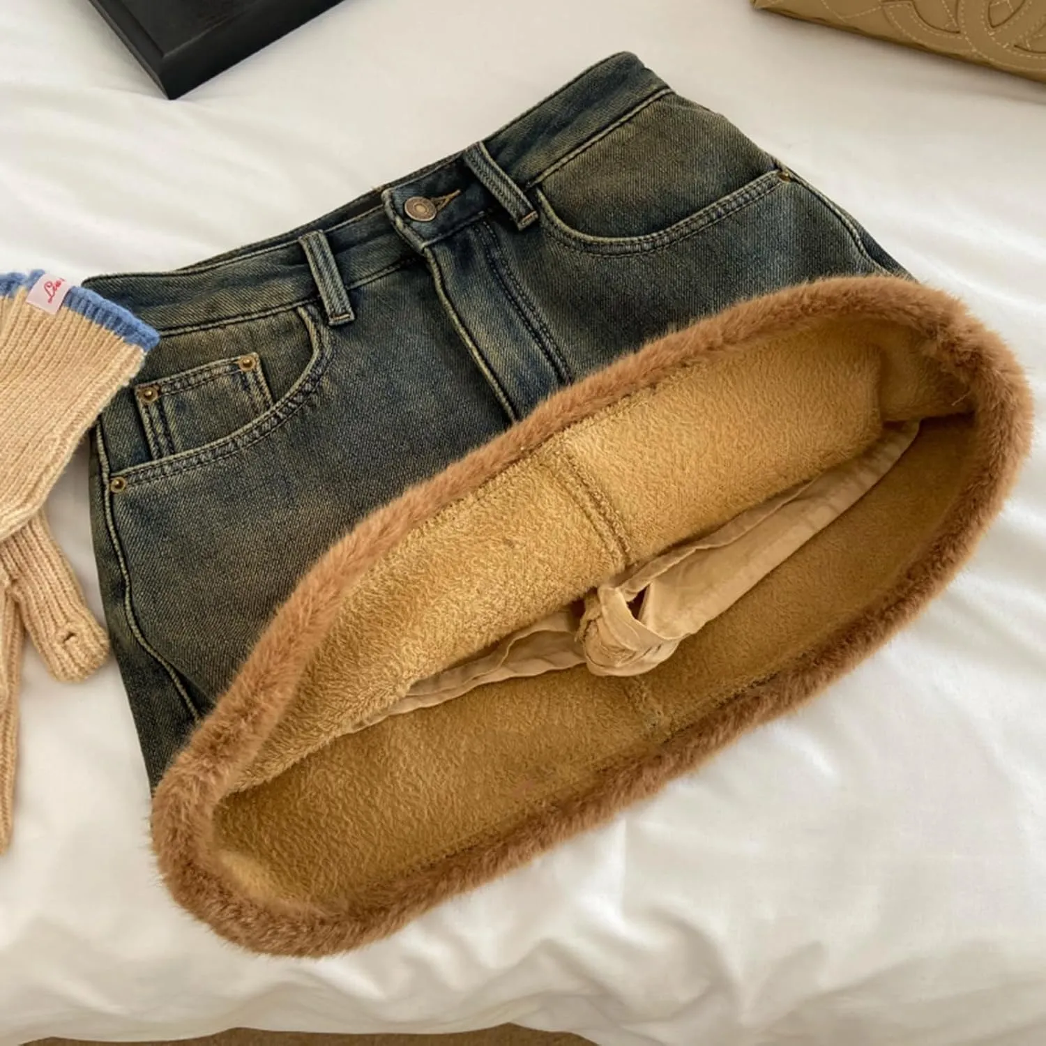 Womens Denim Skirt Plush and Thickened Distressed High Waisted Slim Fit Short Skirts Jean Skirts with Pocket