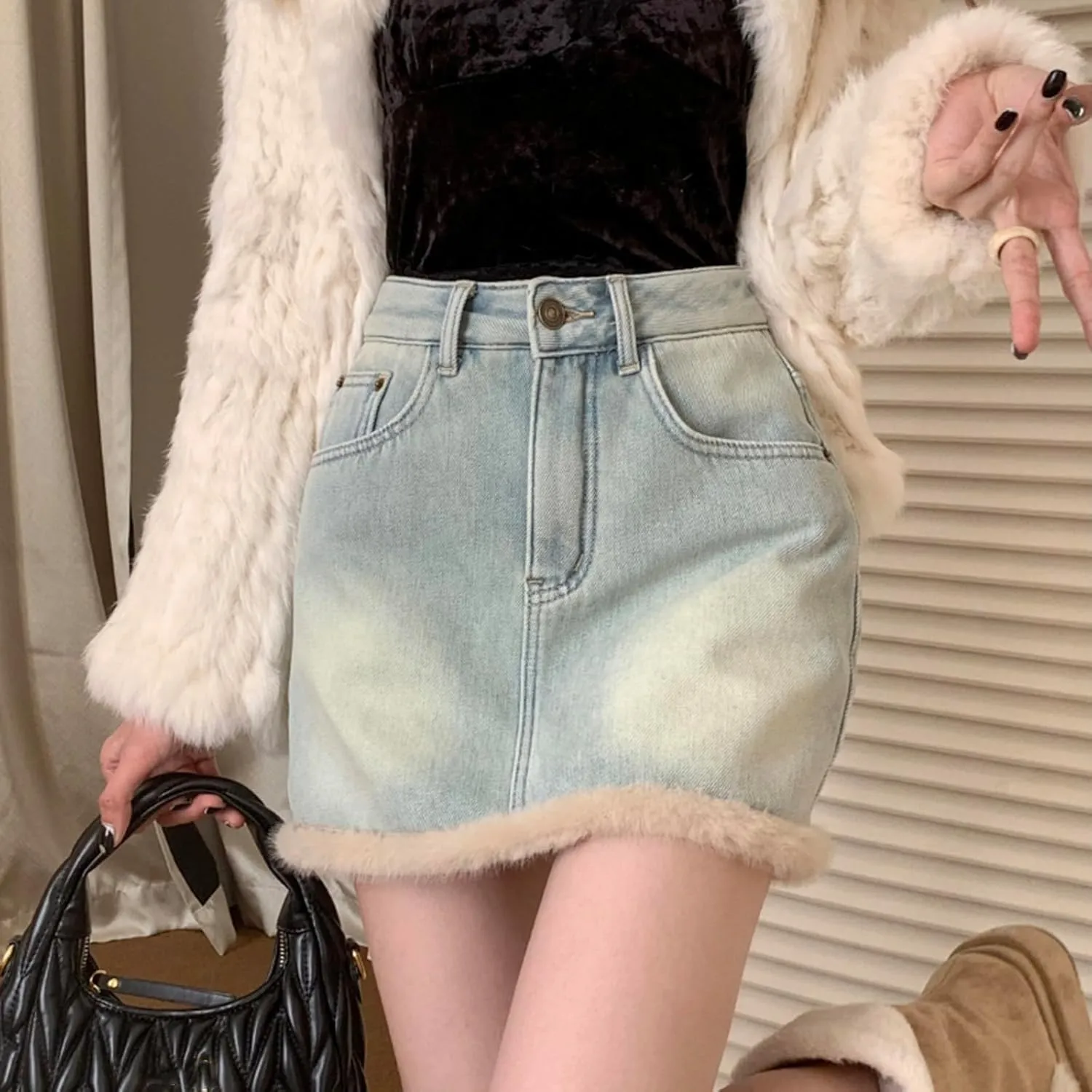 Womens Denim Skirt Plush and Thickened Distressed High Waisted Slim Fit Short Skirts Jean Skirts with Pocket