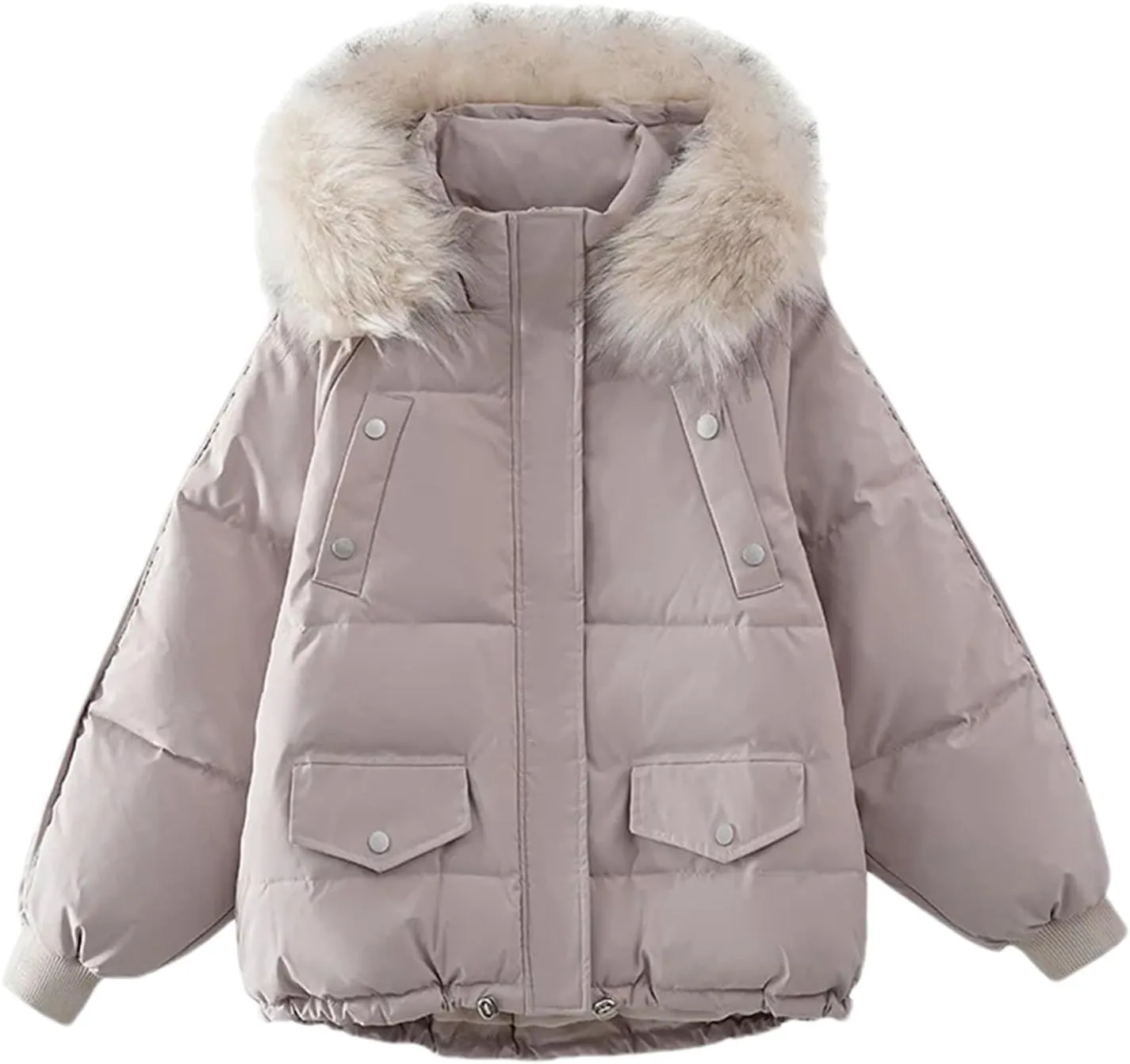 Women's Drawstring Hem Pocket Parka Coat Loose Vintage Plush Hooded Cotton-Padded Jacket