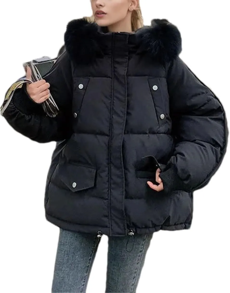 Women's Drawstring Hem Pocket Parka Coat Loose Vintage Plush Hooded Cotton-Padded Jacket