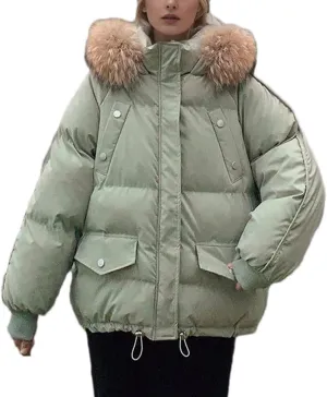 Women's Drawstring Hem Pocket Parka Coat Loose Vintage Plush Hooded Cotton-Padded Jacket