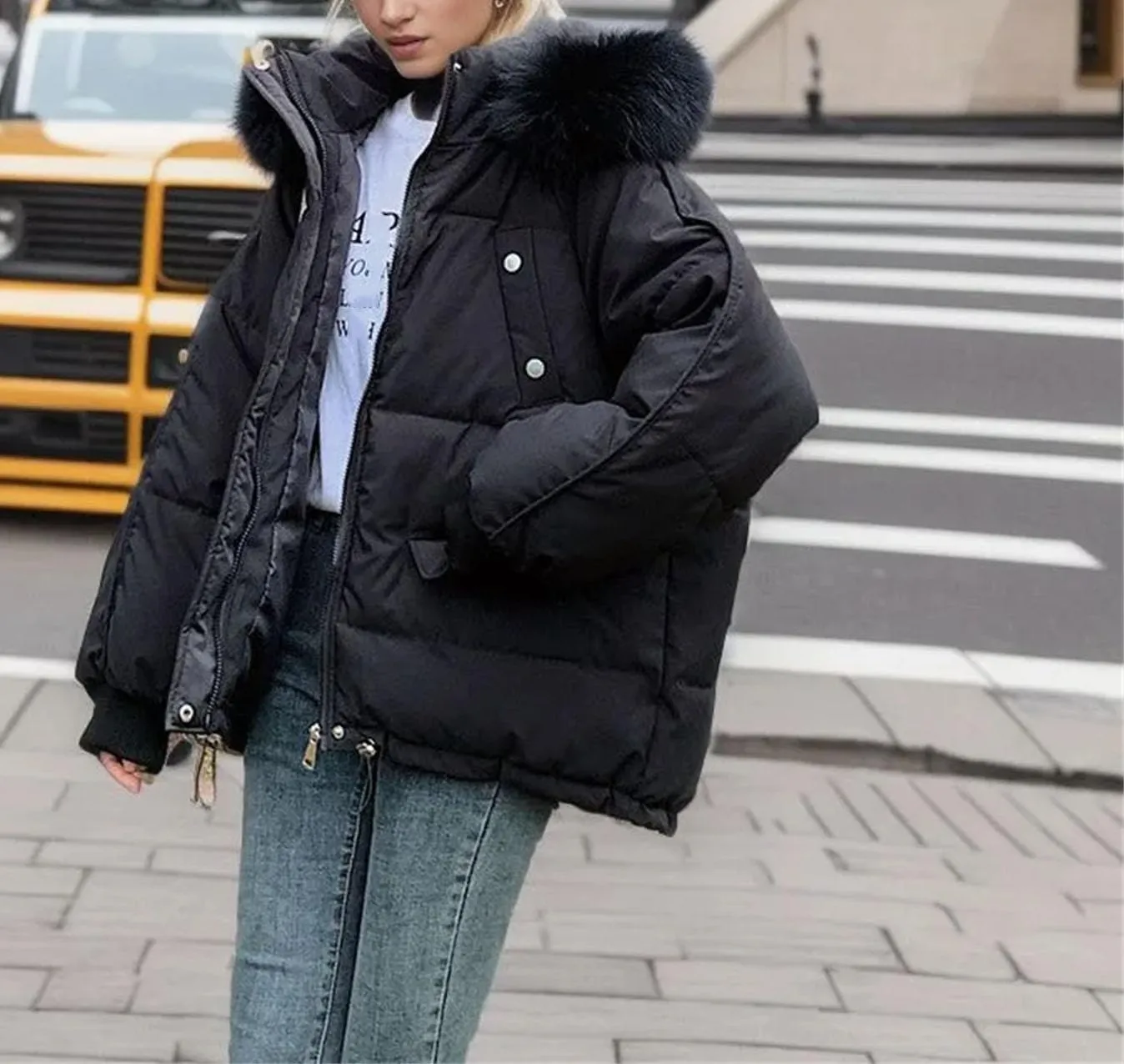 Women's Drawstring Hem Pocket Parka Coat Loose Vintage Plush Hooded Cotton-Padded Jacket