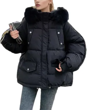 Women's Drawstring Hem Pocket Parka Coat Loose Vintage Plush Hooded Cotton-Padded Jacket