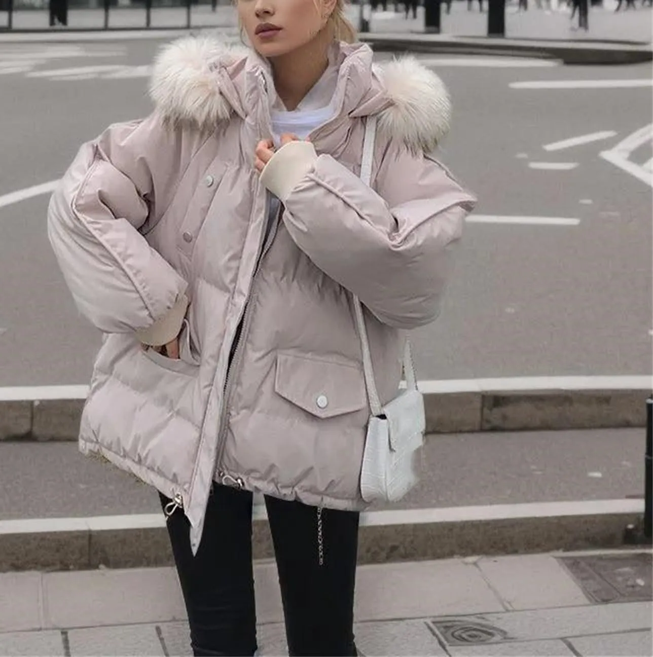 Women's Drawstring Hem Pocket Parka Coat Loose Vintage Plush Hooded Cotton-Padded Jacket